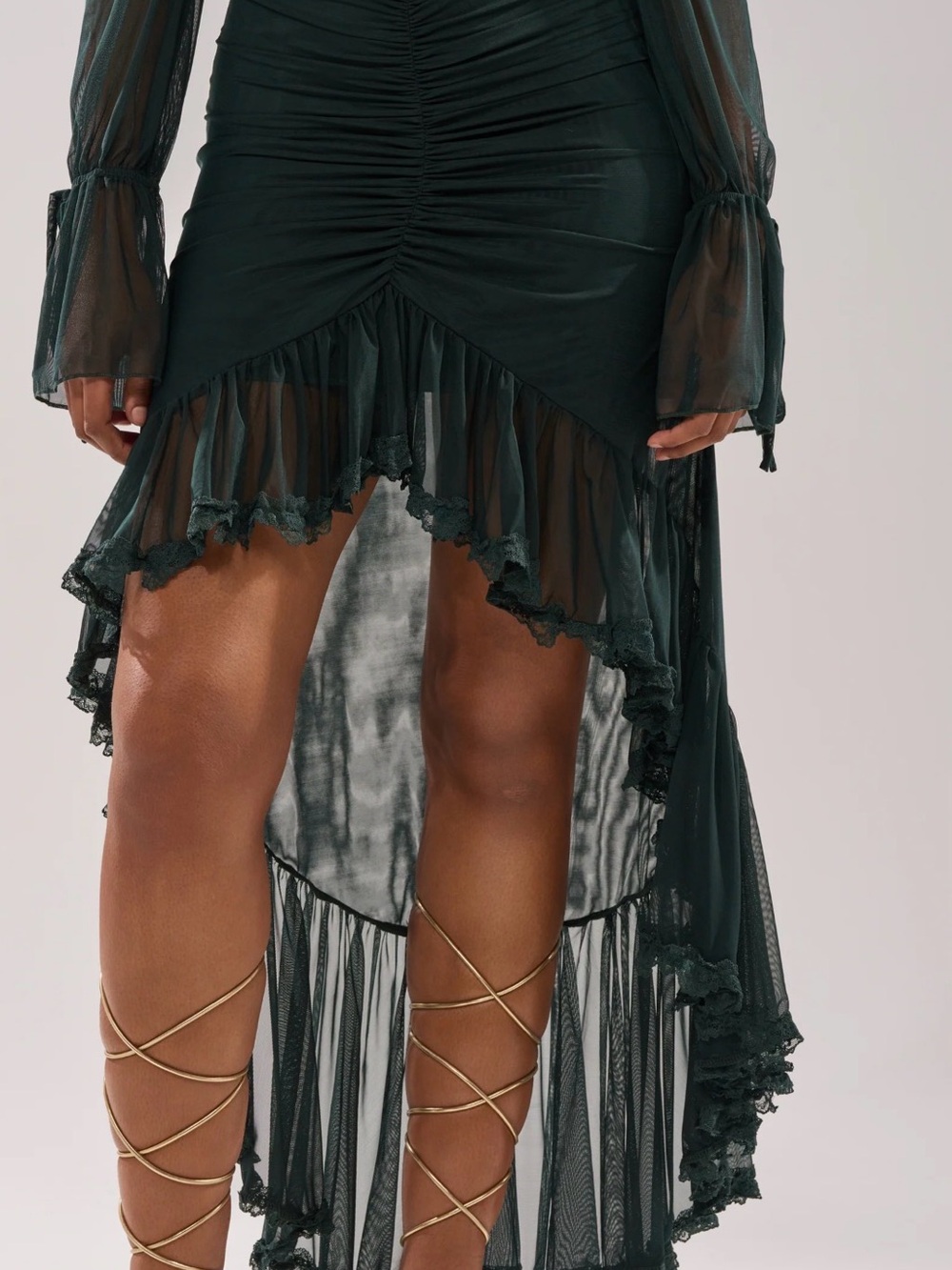 NWT AKIRA Sheer Ruffle High-Low Skirt in Deep Green size XL